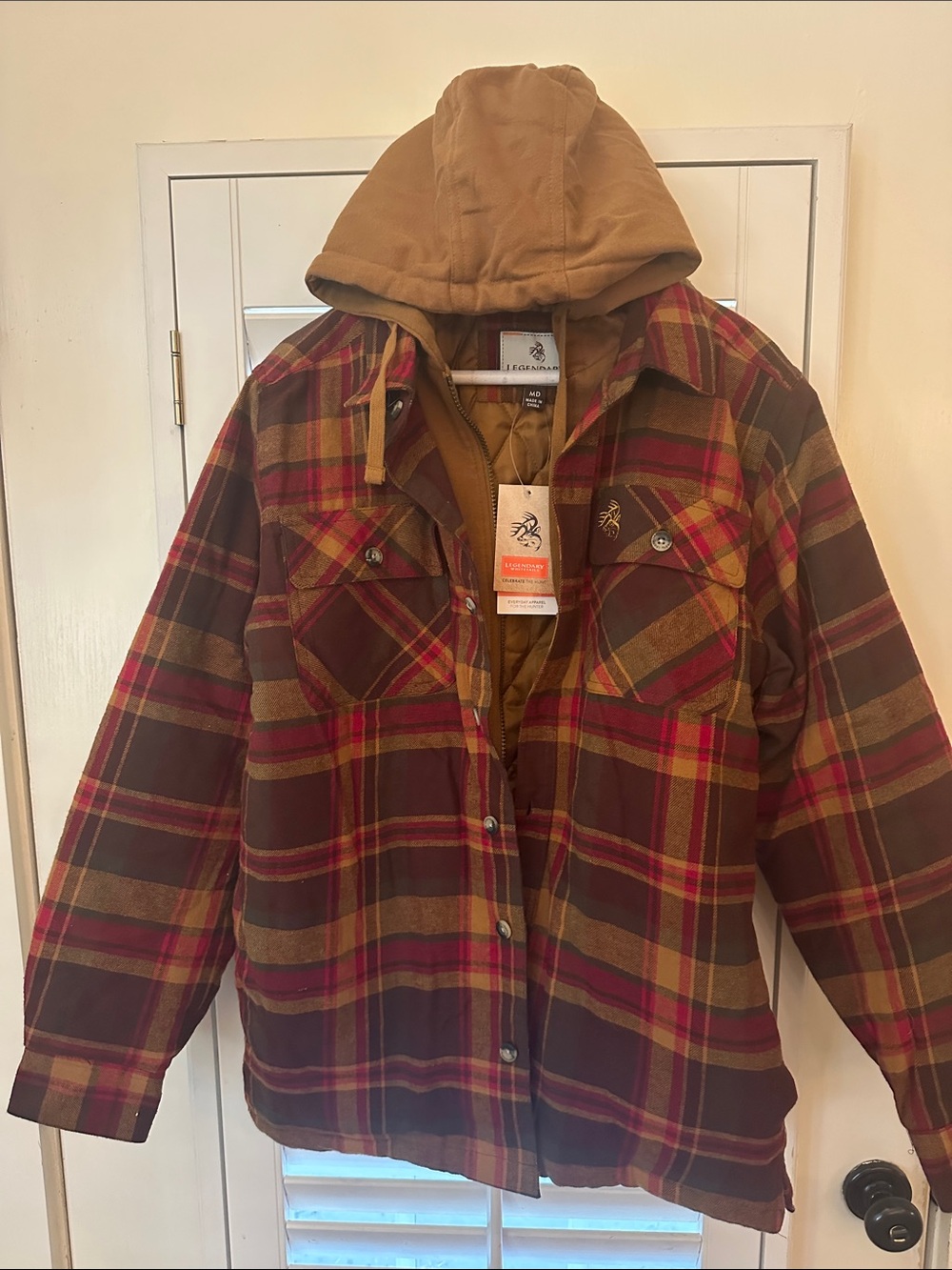 Legendary Whitetails Red and Brown Plaid Hooded Utility Jacket Medium